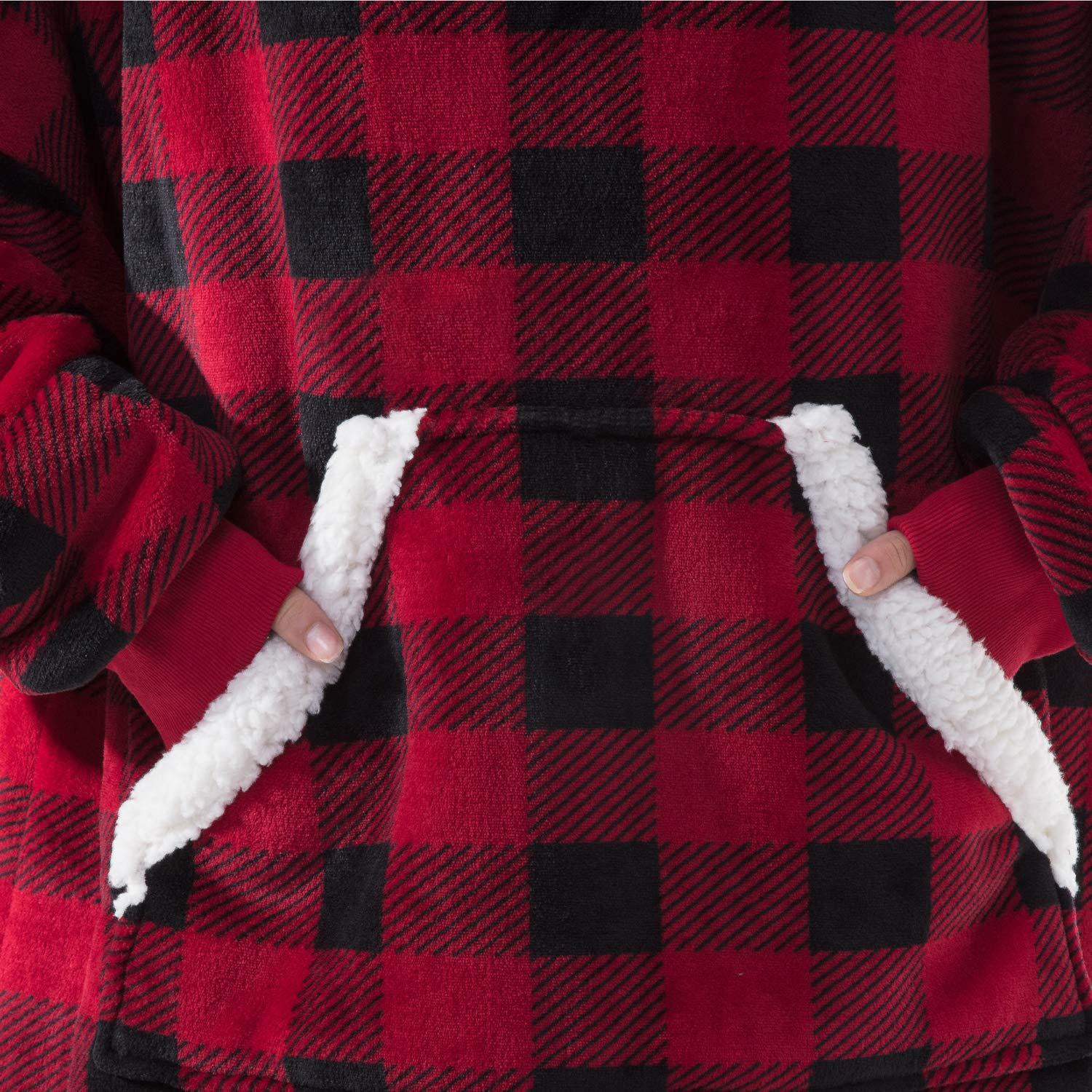 pull plaid couverture rouge à manches longues et poches blanches, motif écossais, pour une tenue confortable et cosy