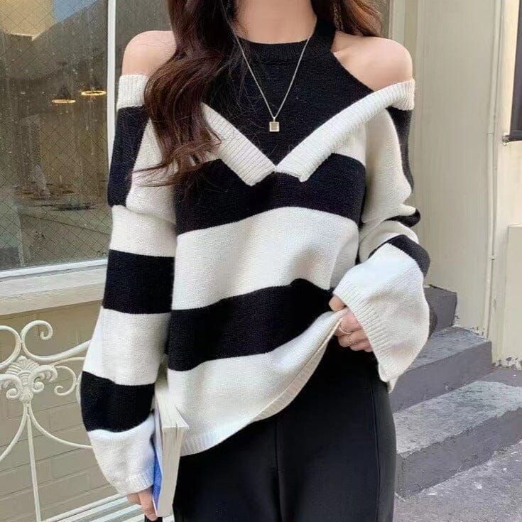 pull noir et blanc à rayures pour femme élégante