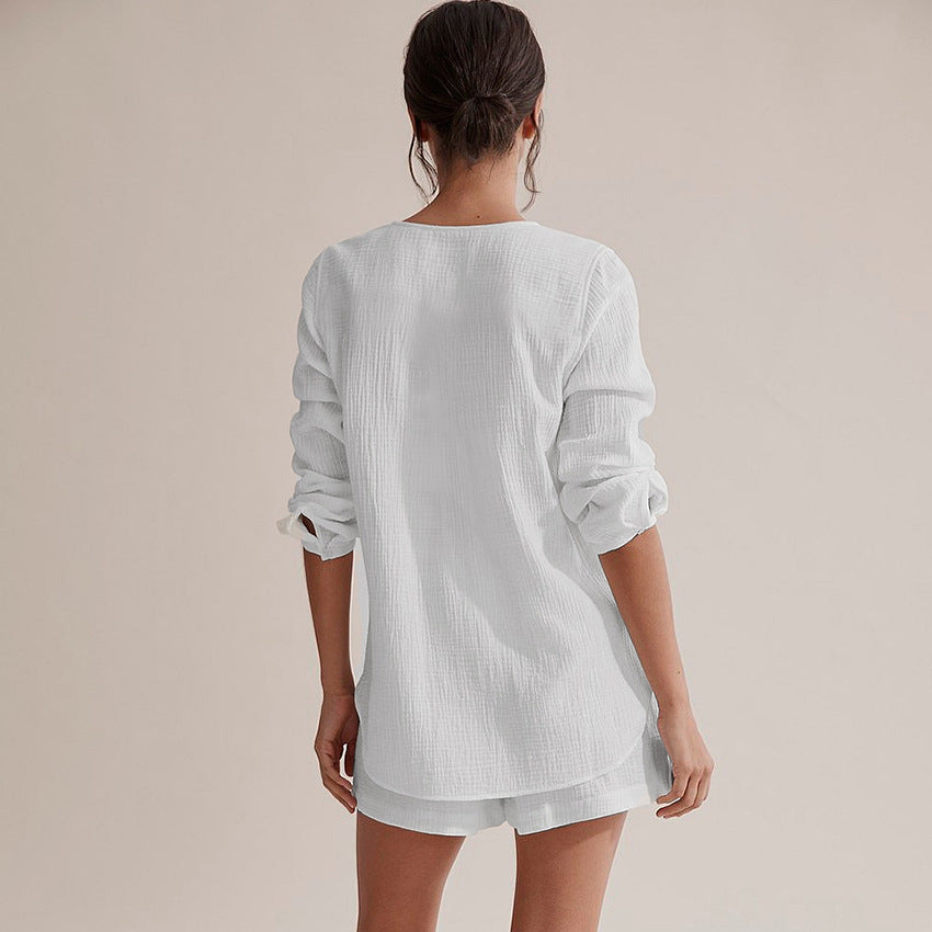 pyjama femme gaze de coton blanc, modèle éléonore vu de dos, manches longues et short court, style décontracté