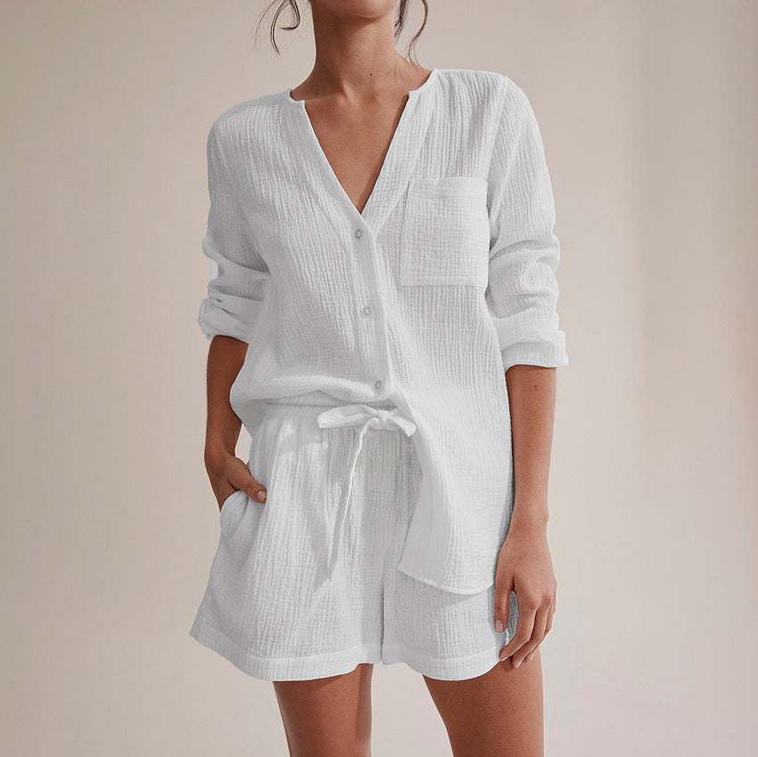 pyjama femme en gaze de coton blanc chic et décontracté avec manches longues et poche avant modèle Éléonore