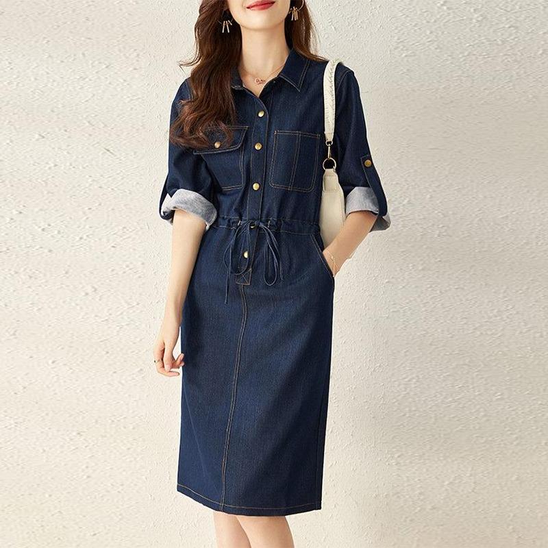 robe en jean bonnie pour femme élégante avec manches longues, poches sur la poitrine et ceinture, couleur bleu indigo