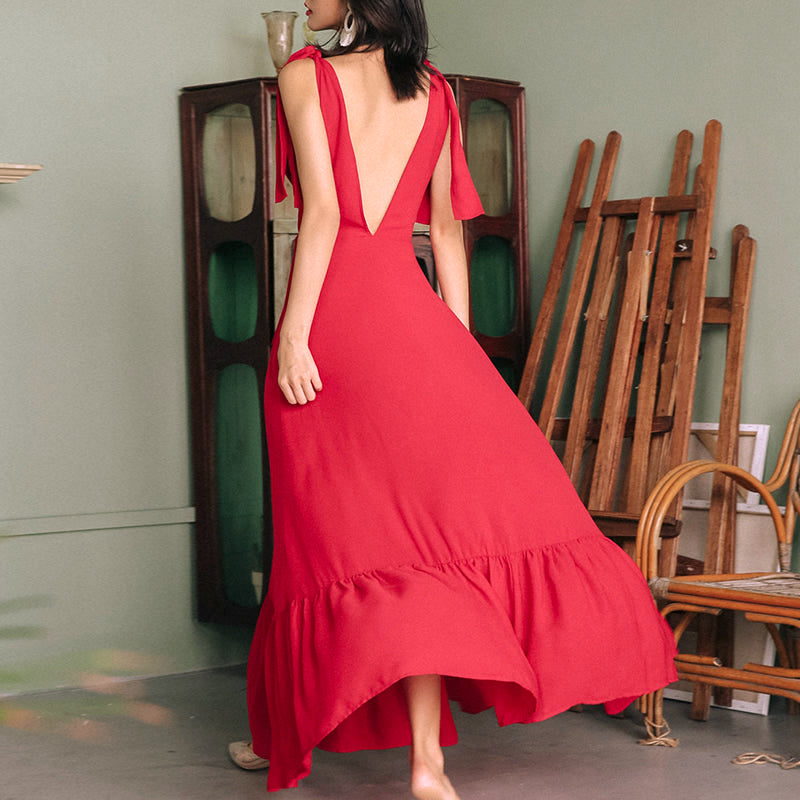 robe longue rouge dos-nu élégante pour femmes