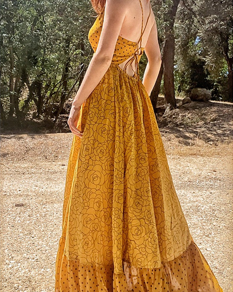 robe longue bohème joyce jaune à motifs fleurs et pois, vue de dos, idéale pour un style décontracté et romantique en été