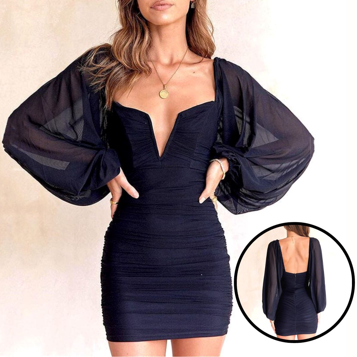 robe de soirée plissée noir, dos nu avec manches longues pour femme élégante - idéal pour soirées et événements