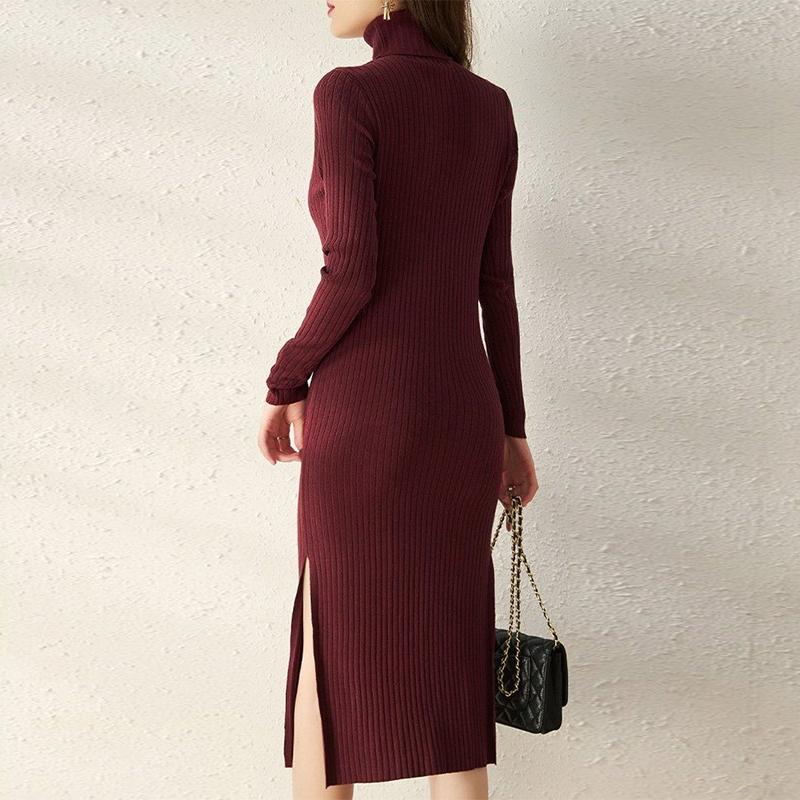 robe pull col roulé célenia en tricot bordeaux avec manches longues et fente latérale elegante pour femmes automne/hiver