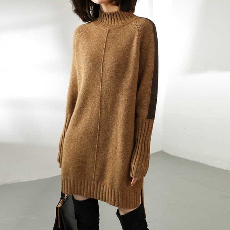 robe pull laine pour femme en tricot beige avec manches longues et col roulé parfait pour l'hiver