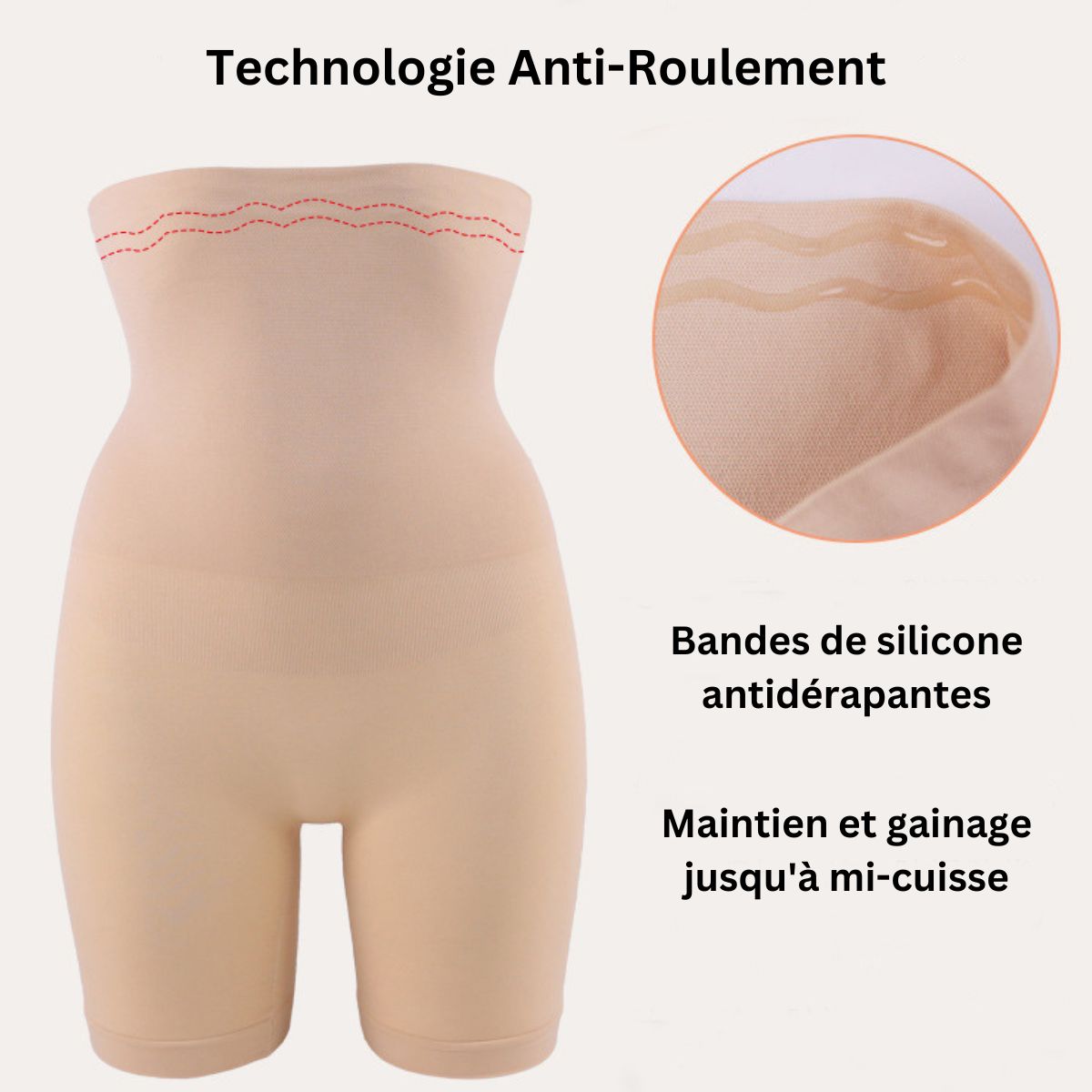 shorty gainant holy couleur chair avec technologie anti-roulement et bandes de silicone antidérapantes maintien mi-cuisse