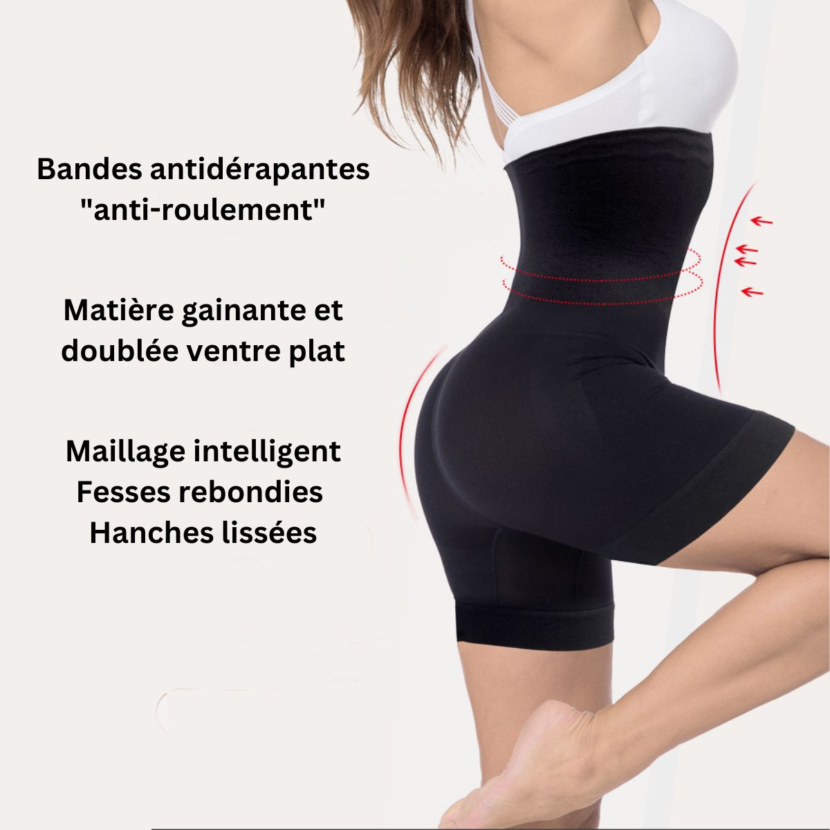 shorty gainant noir pour femme avec bandes antidérapantes, matière gainante pour ventre plat, hanche lissée et fesses rebondies