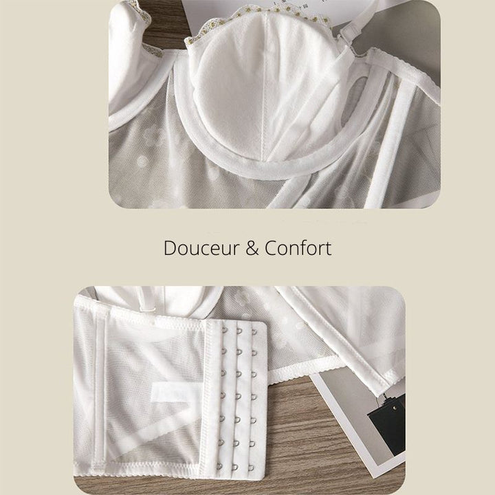 soutien-gorge bustier en dentelle blanche, offrant douceur et confort parfaits pour un usage quotidien ou des occasions spéciales