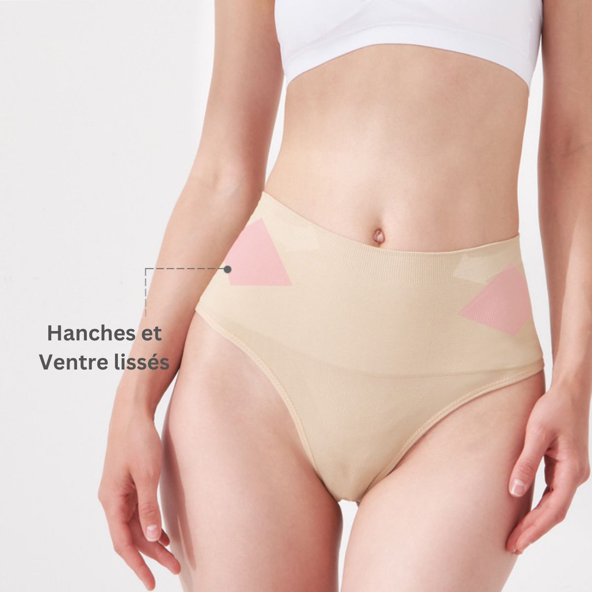 String gainant taille haute Victoria, confortable et lissant pour hanches et ventre, lingerie sculptante raffinée en beige.